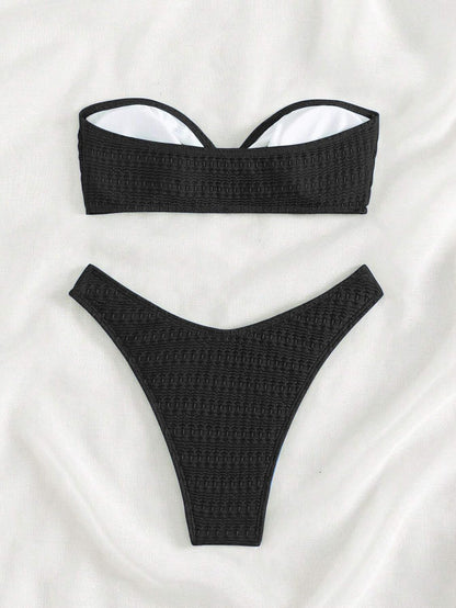 Limeeke Women's Strapless Bandeau Bikini Sets Ring Linked Two Piece Swimsuit Removable Strap Textured Bathing Suit