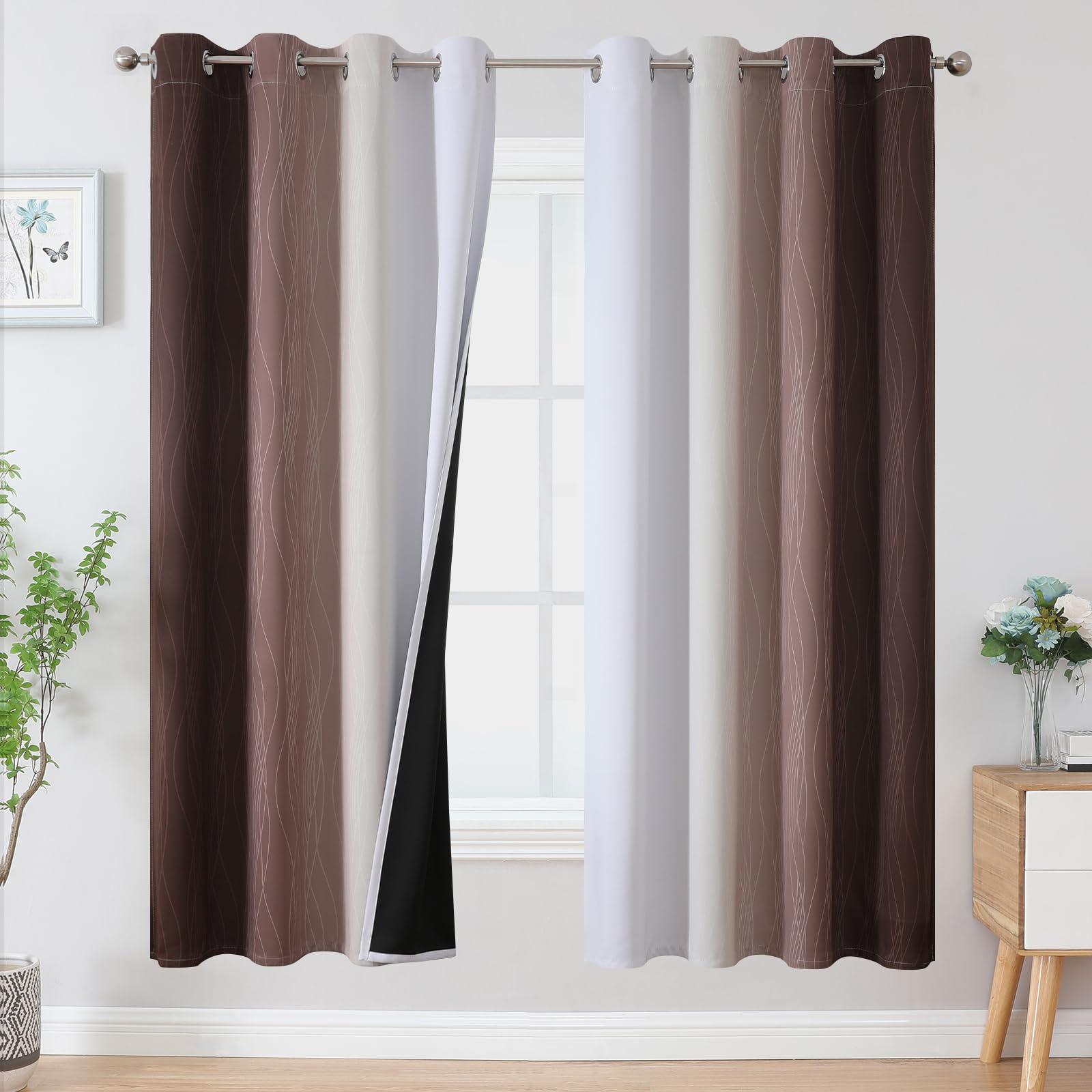 Estelar Textiler Beige and Greyish White Blackout Curtains for Living Room, Full Room Darkening Gradient Drapes for Bedroom, Thermal Insulated Ombre Grommet Curtains for Dining Room,52Wx84L,2 Panels