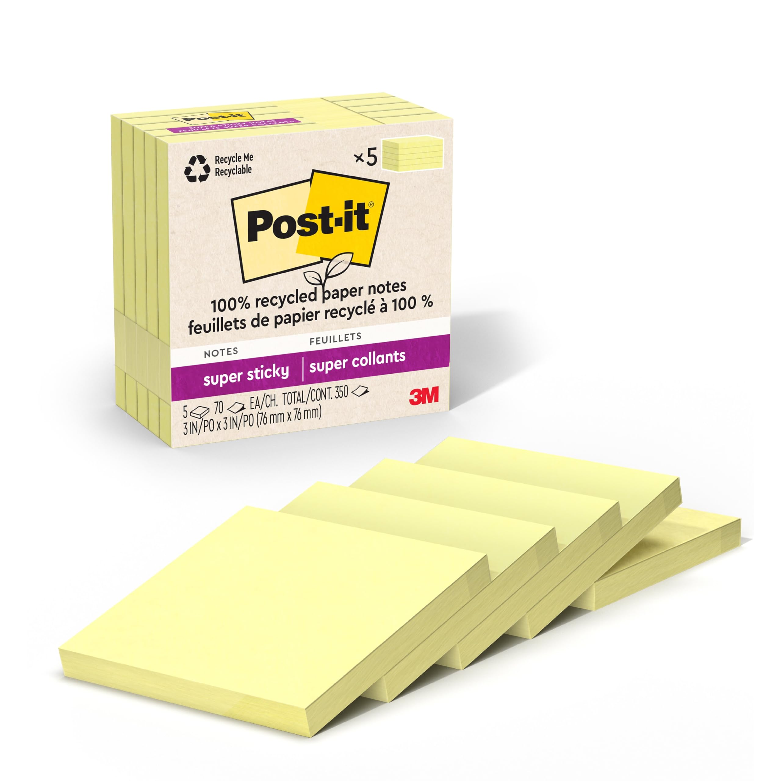 Post-it 100% Recycled Paper Super Sticky Notes, 2X The Sticking Power, 3x3 in, 5 Pads, 70 Sheets/Pad, Wanderlust Pastels Collection (654R-5SSNRP)