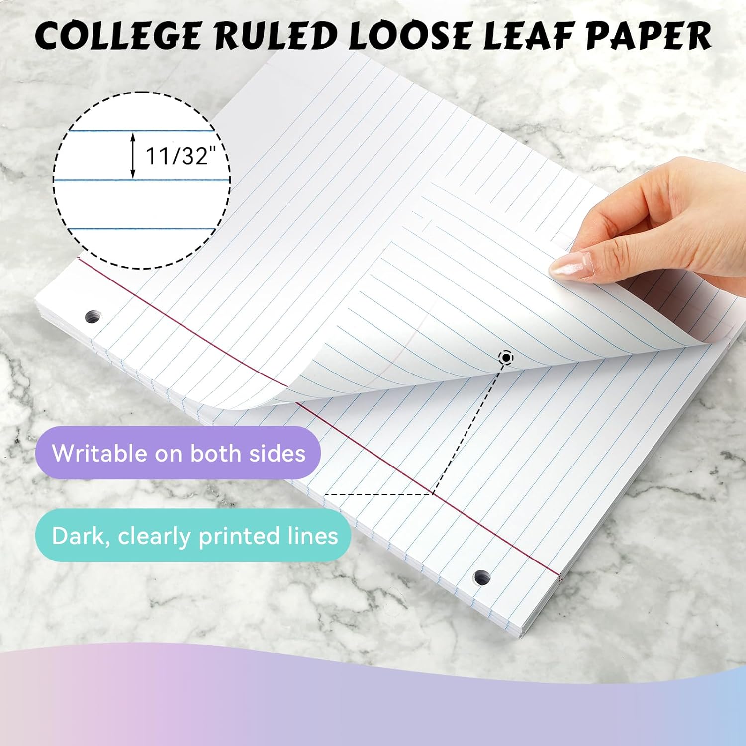 Loose Leaf Paper Wide Ruled Notebook Paper, 8" x 10.5" Lined Filler Paper for 3-Ring Binders, 3-Hole Punched Writing Paper-120 Sheets, White