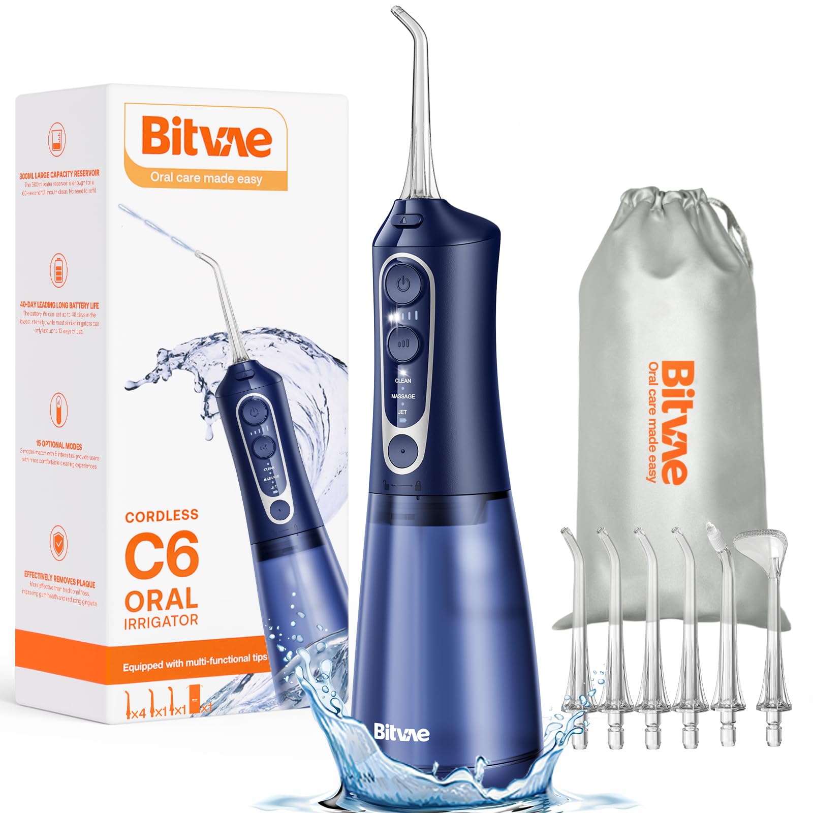 Bitvae Water Dental Flosser for Teeth, Cordless Water Teeth Cleaner Picks, 3 Modes 5 Intensities, IPX7 Waterproof, Rechargeable Water Dental Picks for Cleaning - Black