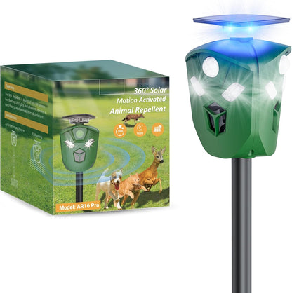 Solar Ultrasonic Animal Repeller Outdoor, 360° All Round Cat Deterrent Outdoor with 6 Flashing Lights and 3 PIR Sensors, Deer Repellent for Repelling Snakes, Raccoons, Cats, Dogs, Rabbits