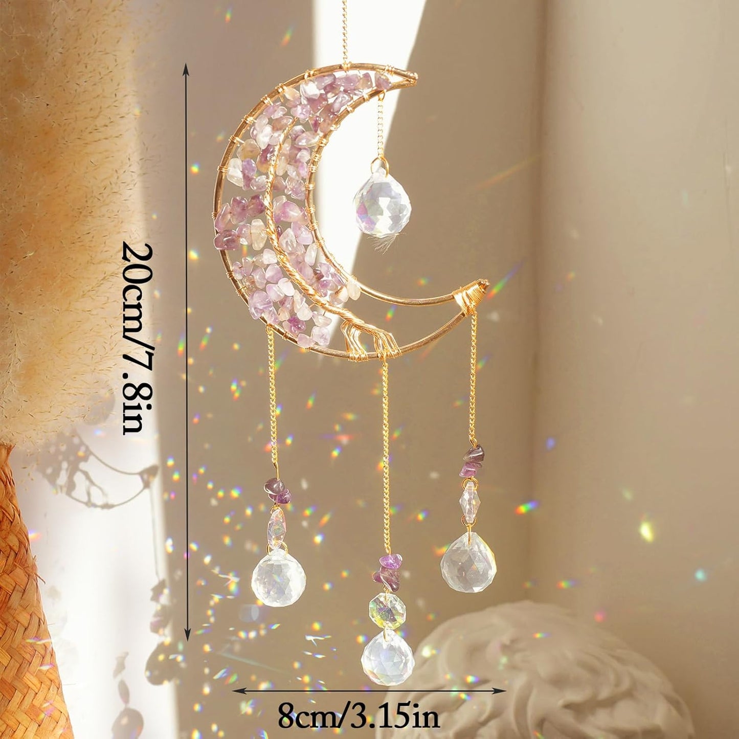Crystal Moon Suncacher-Sun Catchers Indoor Window Prism Moon Crystal Dream Catcher Natural Healing Stones Rainbow Maker Garden Car Decoration Outdoor (Amethys)