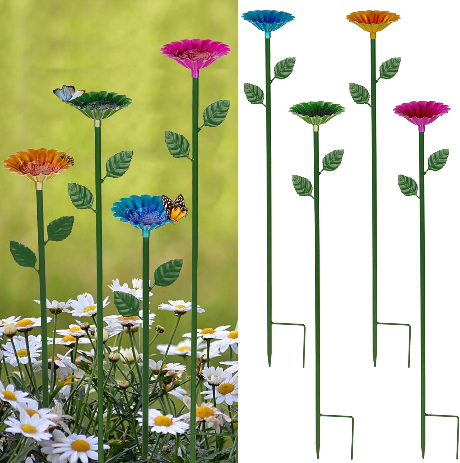 4 Pack Bee Watering Station, Bee Cups for Garden Metal Bee Water Feeder with Flower Design, Colorful Butterfly Bath Bowl Bee Cups for Outdoor Garden Yard Decor (Red,Green,Blue,Yellow)