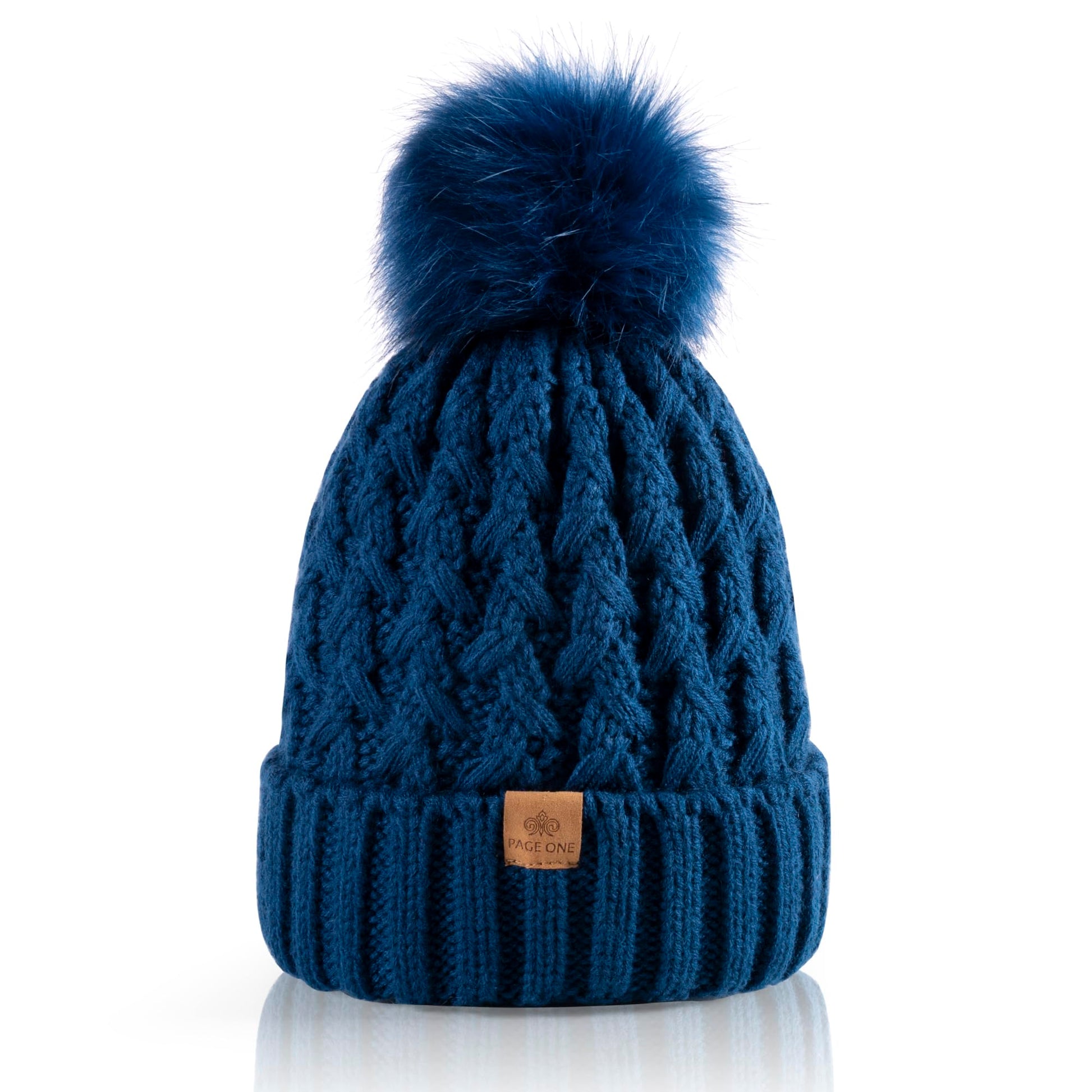 PAGE ONE Womens Winter Ribbed Beanie Crossed Cap Chunky Cable Knit Pompom Soft Warm Hat