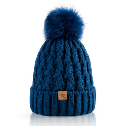 PAGE ONE Womens Winter Ribbed Beanie Crossed Cap Chunky Cable Knit Pompom Soft Warm Hat