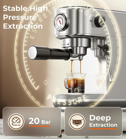 Espresso Machine with Milk Frother, 20 Bar High Pressure Professional Espresso Maker Automatic, Compact Stainless Steel Coffee Machine for Cappuccino, Latte, Gift for Coffee Lover, Dad or Mom, Silver