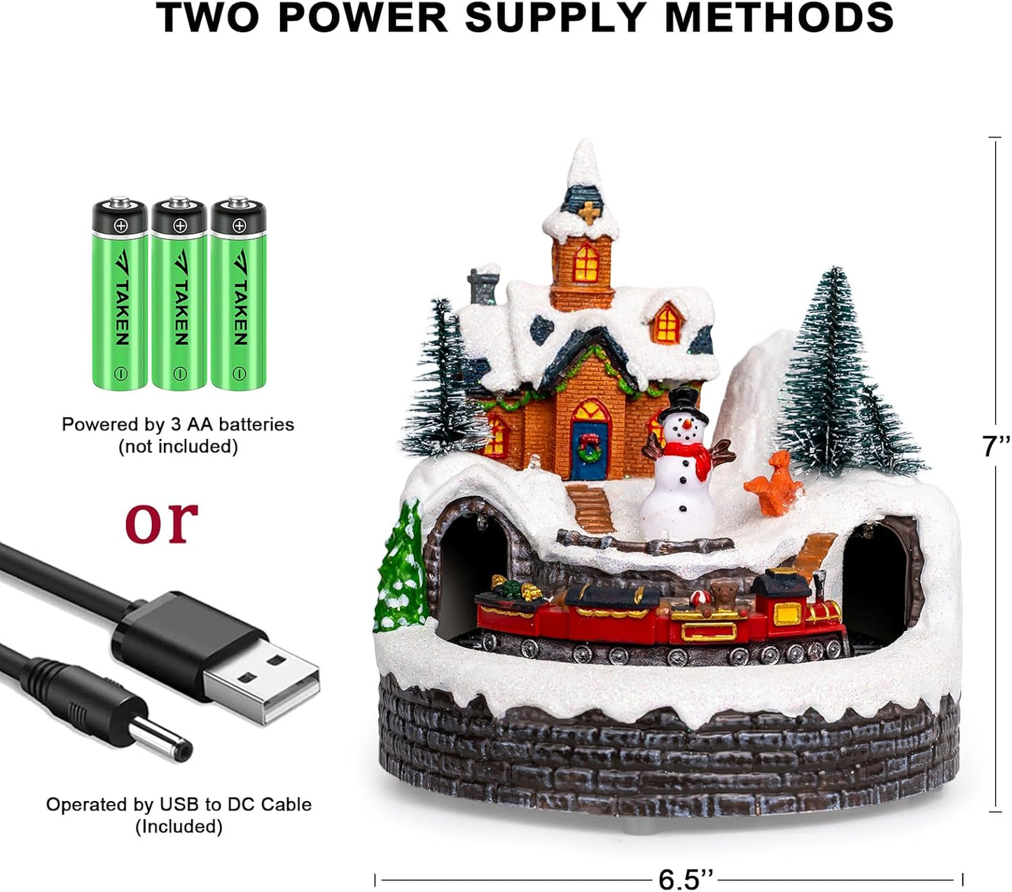 Animated Musical Christmas Village Figurines Christmas Collectibles Statues Church Building and Snowman with Rotating Train LED Lights, Battery & USB Home Decor Gifts Festive Holiday Decorations