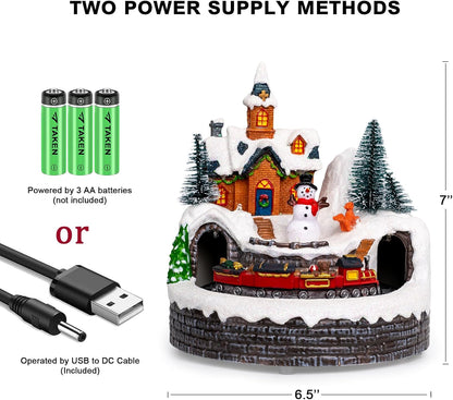 Animated Musical Christmas Village Figurines Christmas Collectibles Statues Church Building and Snowman with Rotating Train LED Lights, Battery & USB Home Decor Gifts Festive Holiday Decorations
