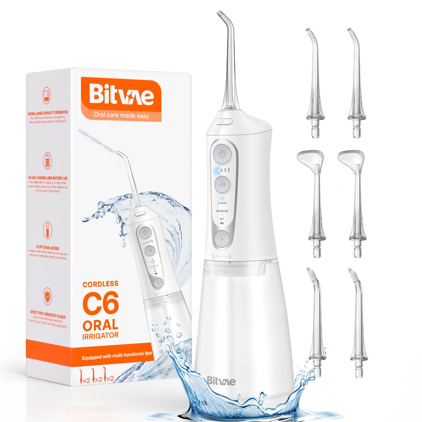 Bitvae Water Dental Flosser for Teeth, Cordless Water Teeth Cleaner Picks, 3 Modes 5 Intensities, IPX7 Waterproof, Rechargeable Water Dental Picks for Cleaning - Black