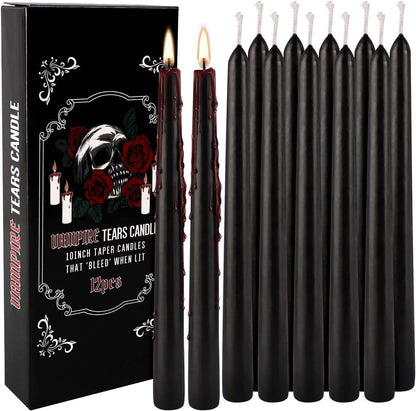 12PCS 10-Inch Black Bleeding Taper Candles,Vampire Tears Taper Candles- Unscented Ideal for Halloween, Christmas, Rituals, and Themed Party Decor