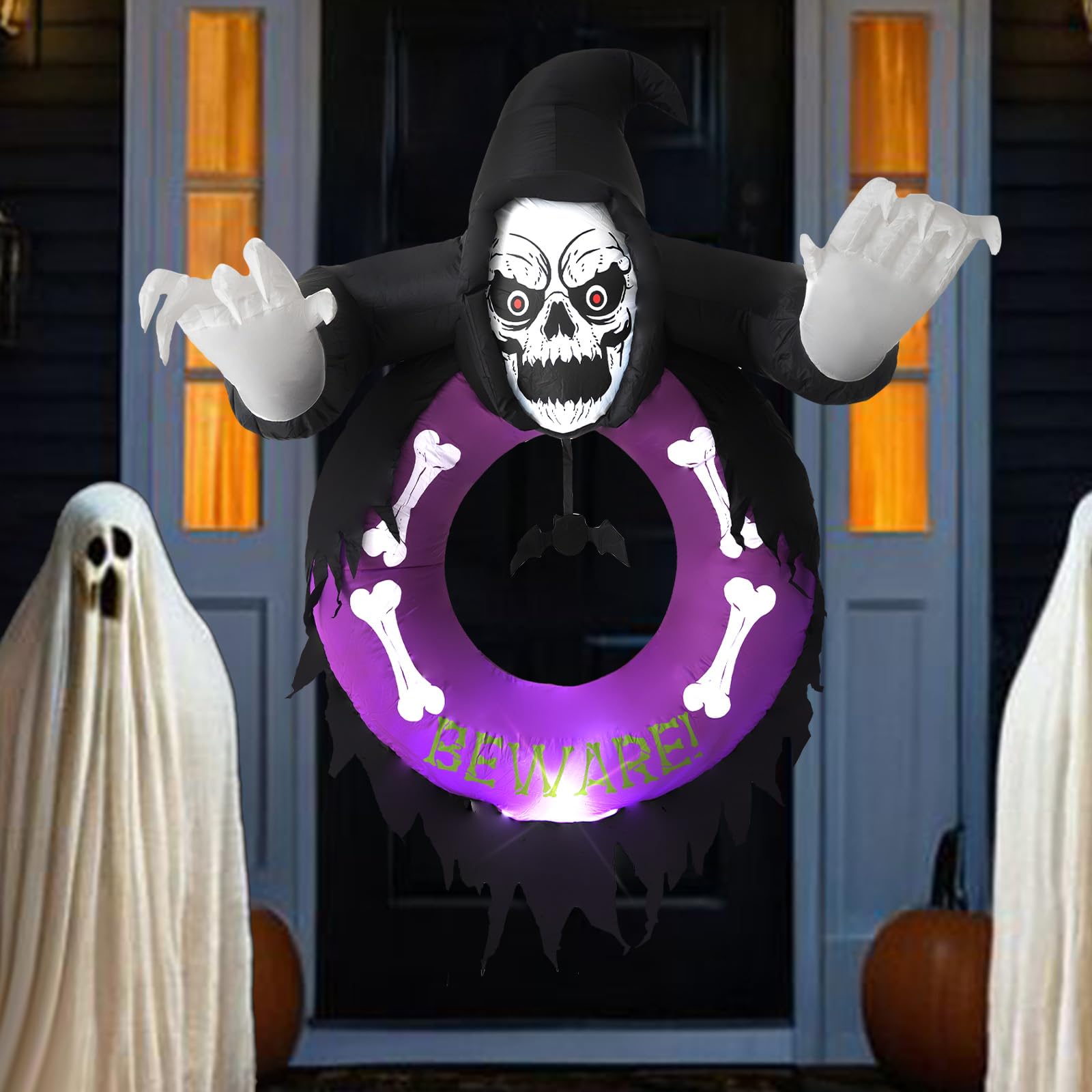 8ft Bat Pumpkin Row Stand Halloween Inflatable Outdoor Decoration, Yard Decorations with LED Lights for Outdoor Lawn, Garden, Home Holiday Party