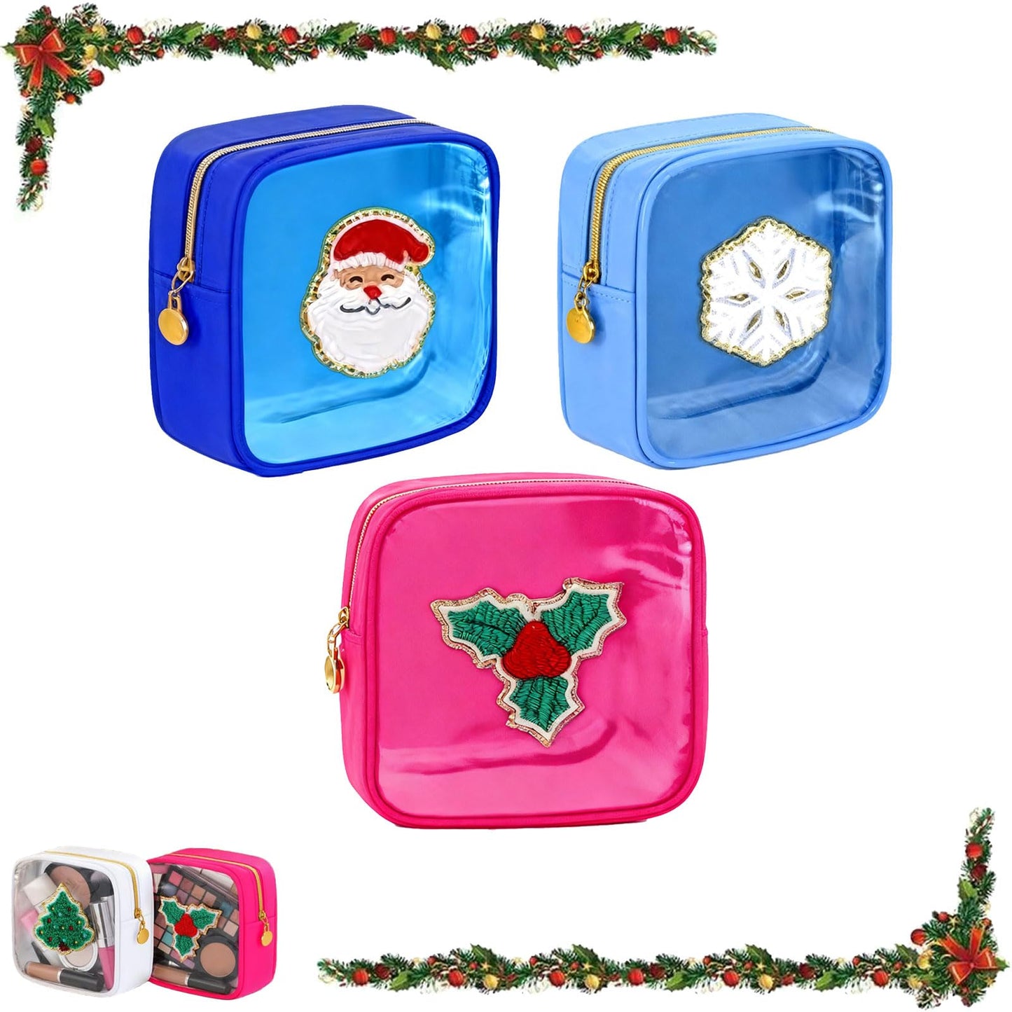 Christmas Makeup Bag, Christmas Preppy Patch Makeup Bags, Mini Zippered Pouch, Skincare Pouch Xmas Zipper Cosmetic Pouchs Preppy Thing for Travel Christma Women Gift (set c)