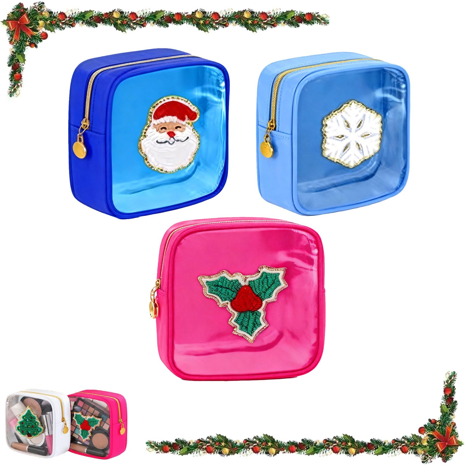 Christmas Makeup Bag, Christmas Preppy Patch Makeup Bags, Mini Zippered Pouch, Skincare Pouch Xmas Zipper Cosmetic Pouchs Preppy Thing for Travel Christma Women Gift (set c)