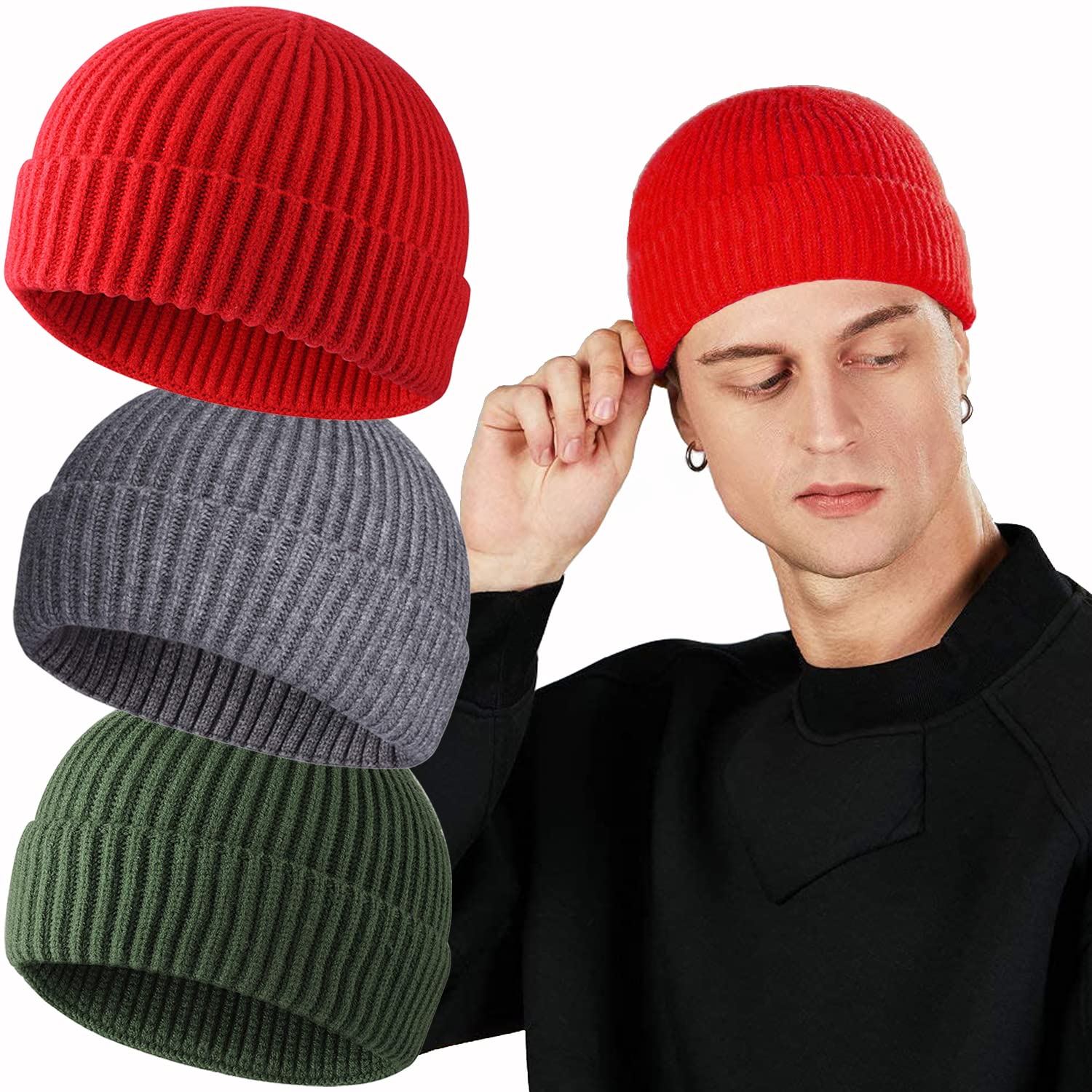 ROYBENS Swag Wool Knit Cuff Short Fisherman Beanie for Men Women, Winter Warm Hats