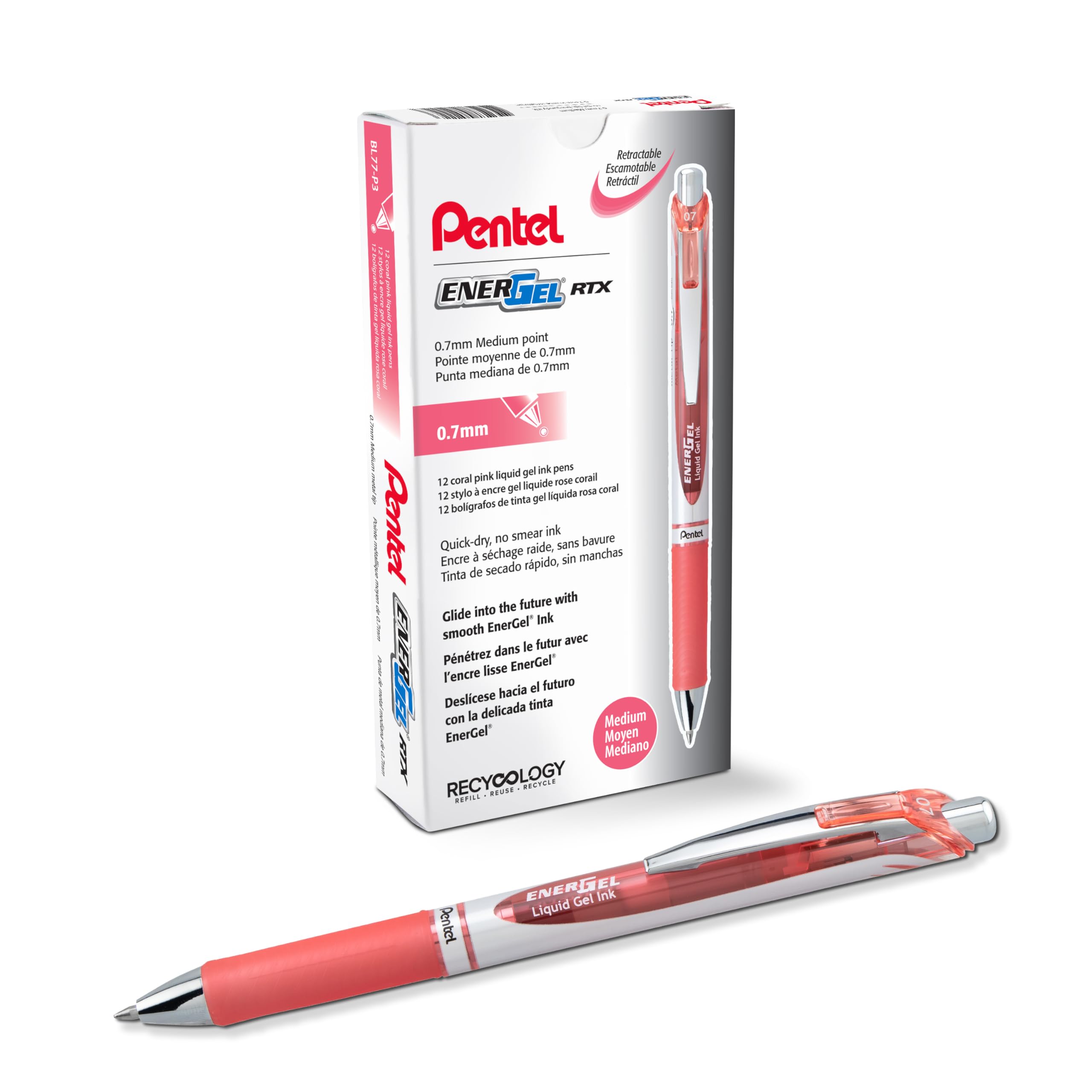 Pentel EnerGel Retractable Liquid Gel Pens, Medium Point, 0.7 mm, Silver Barrel, 12 Black Ink pens, the Ultimate writing pens, the Best Writing Pens for office, school and journaling, Pack of 12