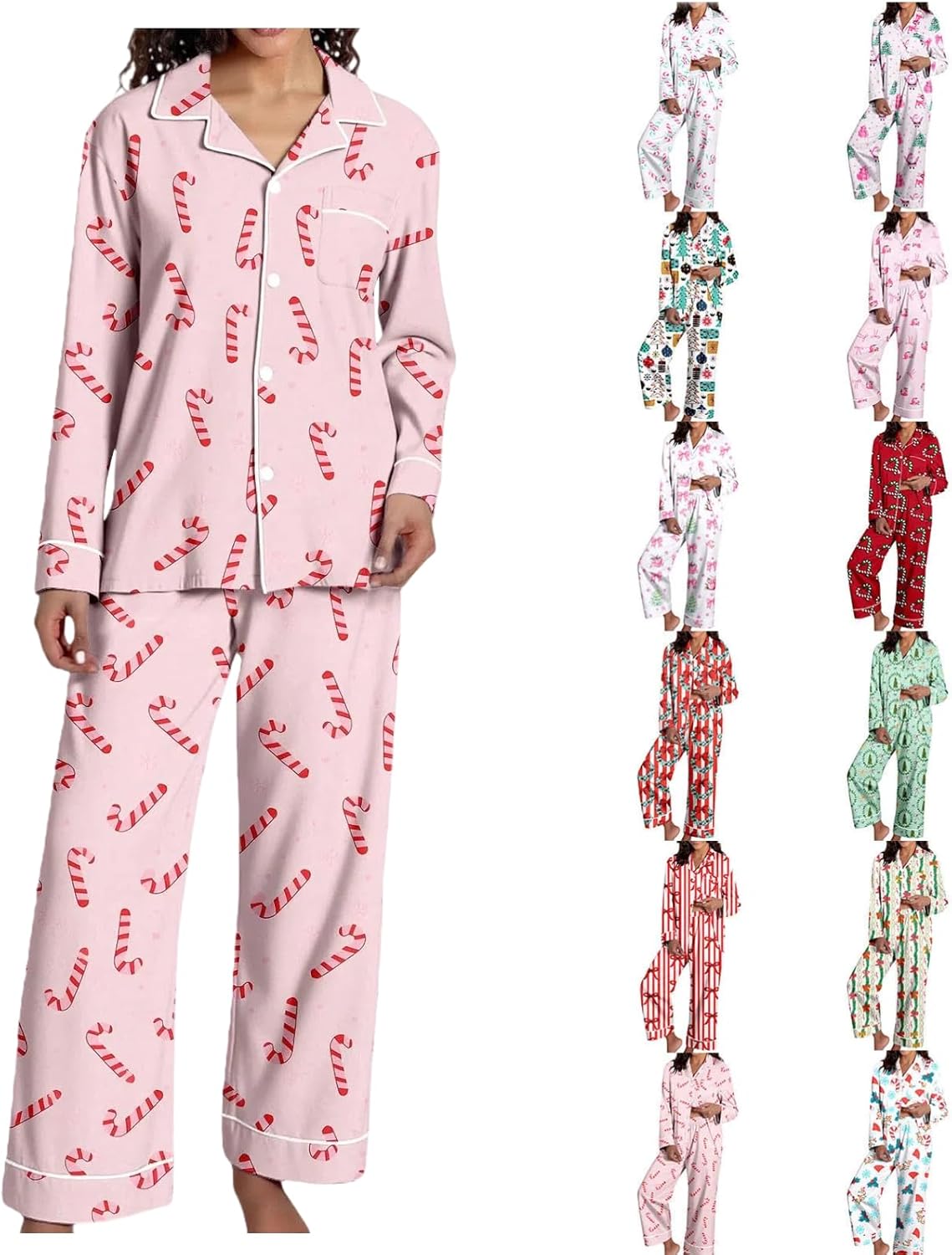 Christmas Pajamas for Women,Button up Long Sleeve Pajama Set Casual Soft Cute Xmas Print Pjs Sleepwear 2025