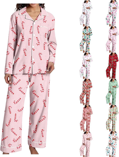 Christmas Pajamas for Women,Button up Long Sleeve Pajama Set Casual Soft Cute Xmas Print Pjs Sleepwear 2025