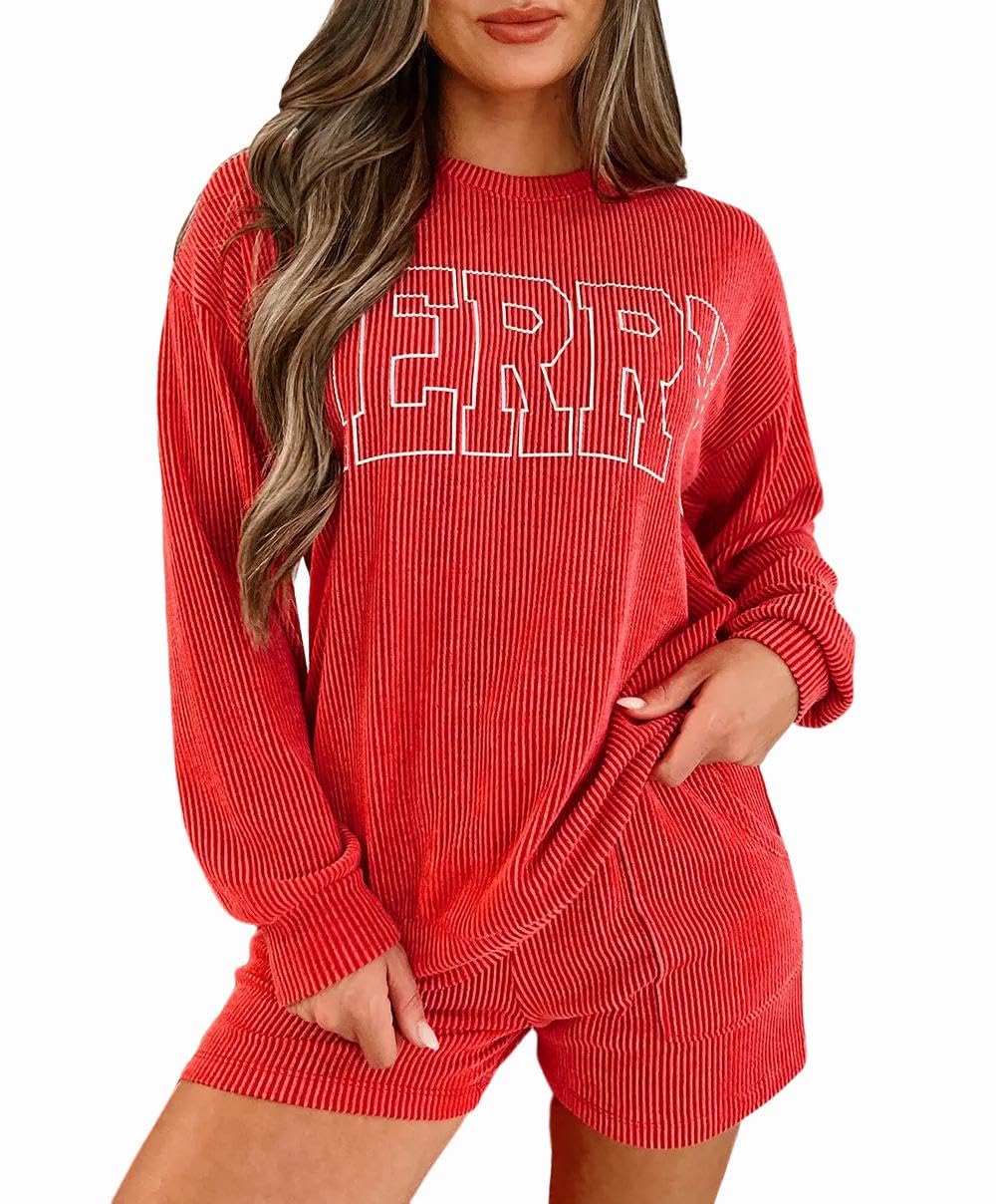 Womens Ribbed Pajama Sets Long Sleeve Top and Shorts Matching Lounge Set Loungewear Sweatsuit with Pockets