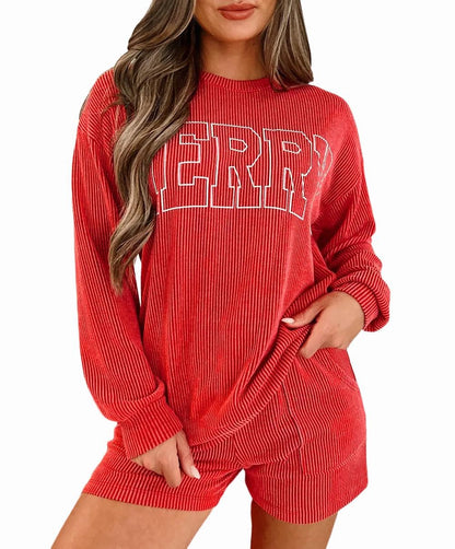 Womens Ribbed Pajama Sets Long Sleeve Top and Shorts Matching Lounge Set Loungewear Sweatsuit with Pockets