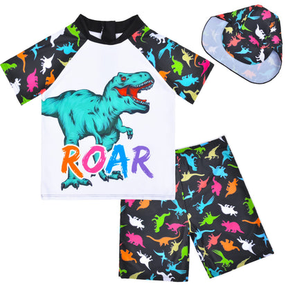 Boys Two Piece Rash Guard Swimsuits Kids Short Sleeve Swimwear Sets Bathing Suit with Sun Hat for 2-6 Years