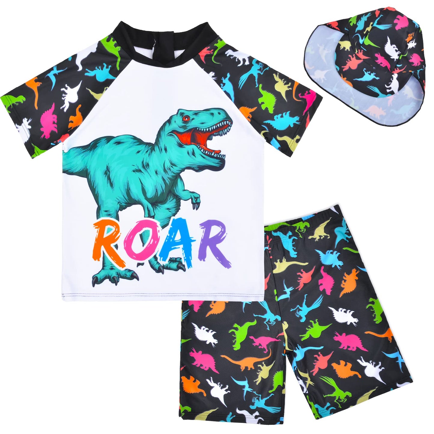 Boys Two Piece Rash Guard Swimsuits Kids Short Sleeve Swimwear Sets Bathing Suit with Sun Hat for 2-6 Years