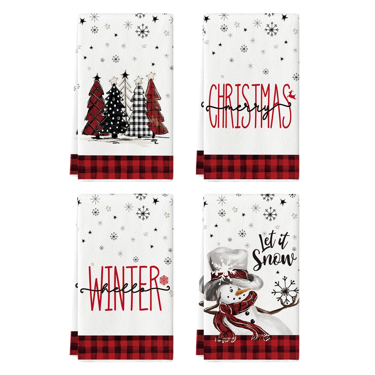 Artoid Mode Black White Buffalo Plaid Snowman Xmas Trees Christmas Kitchen Towels Dish Towels, 18x26 Inch Daily Winter Decoration Hand Towels Set of 4