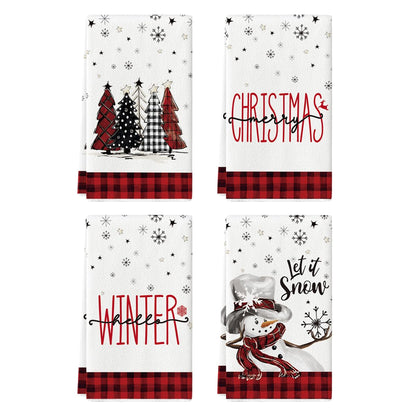 Artoid Mode Black White Buffalo Plaid Snowman Xmas Trees Christmas Kitchen Towels Dish Towels, 18x26 Inch Daily Winter Decoration Hand Towels Set of 4