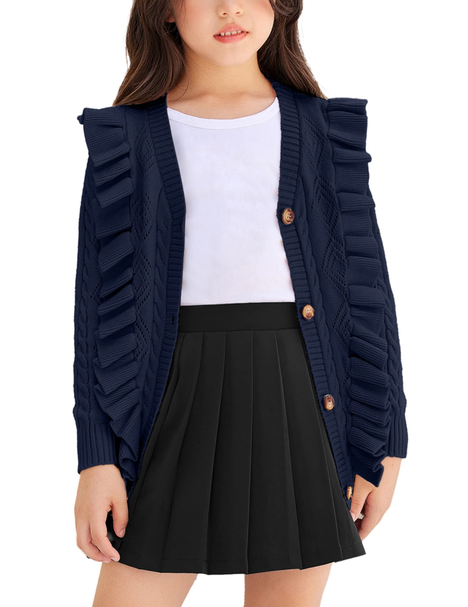 Arshiner Girls Cardigan Sweaters Ruffle School Uniform Sweater V Neck Button Front Outerwear 4-13 Years