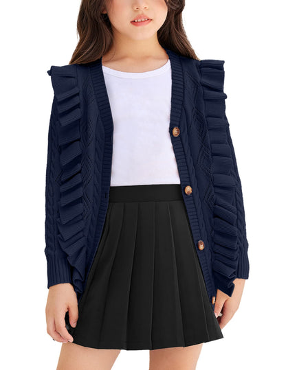 Arshiner Girls Cardigan Sweaters Ruffle School Uniform Sweater V Neck Button Front Outerwear 4-13 Years