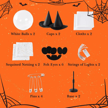 2Pcs Halloween Ghosts Decorations Indoor - Light Up Ghost Crafts with Sequined Netting, Cute Halloween Party Decorations, Spooky Ghost Decor for Home Table Fireplace Kitchen and Office