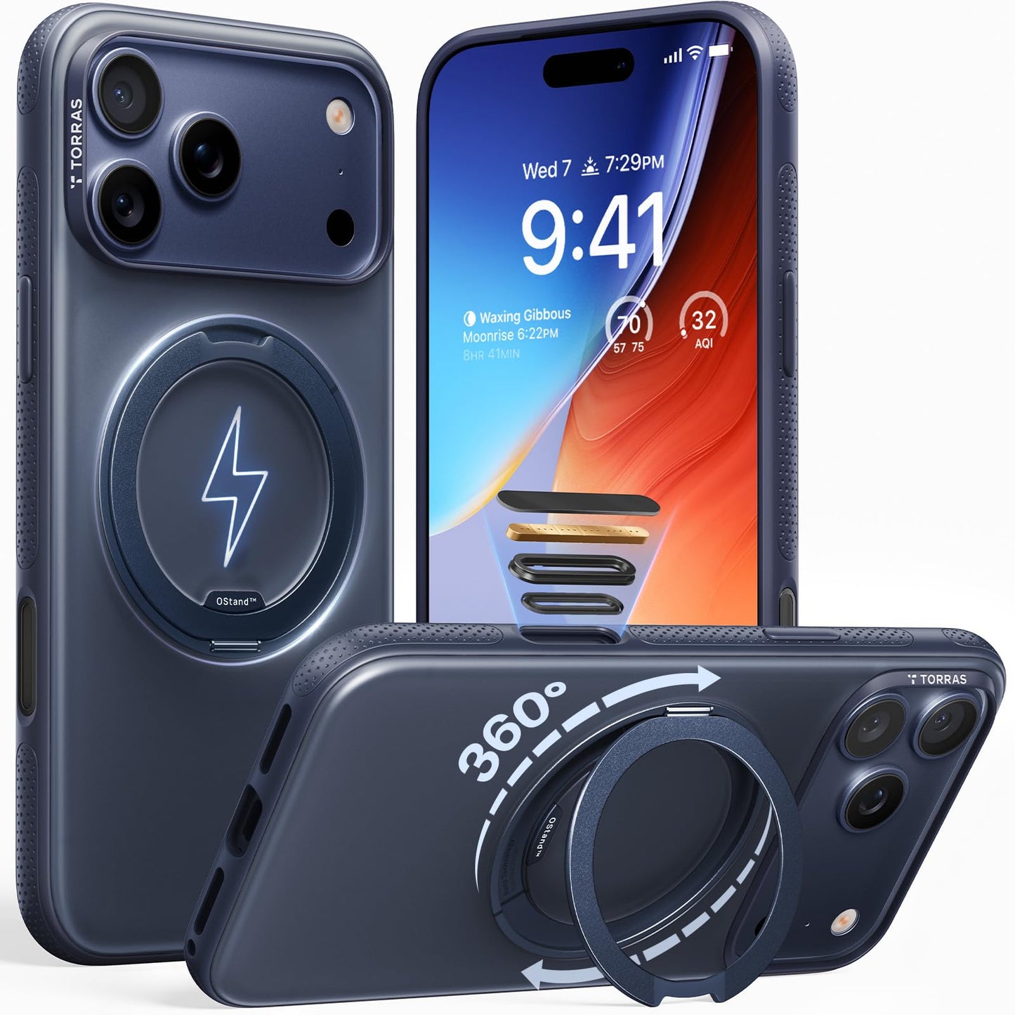 TORRAS 360 Magnetic Stand for iPhone 17 Pro Max Case, [Fit for MagSafe] [4X Military-Grade Protection] Slim Case for iPhone 17 Pro Max, 6.9", Translucent Deep Blue, Ostand O3 Fitness Series