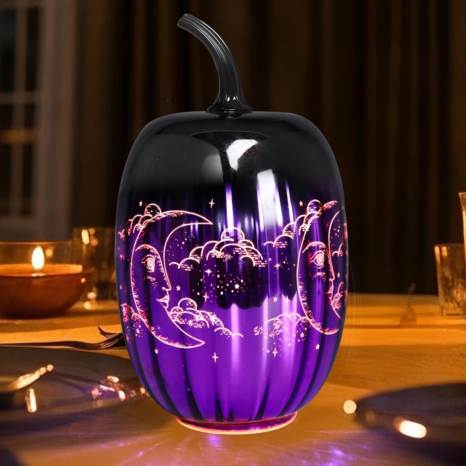 VCUTEKA Glass Pumpkin Lights, Lighted Pumpkins Halloween Decorations for Home, Pumpkin for Indoor Decor and Thanksgiving Centerpieces Tables Decor, Purple
