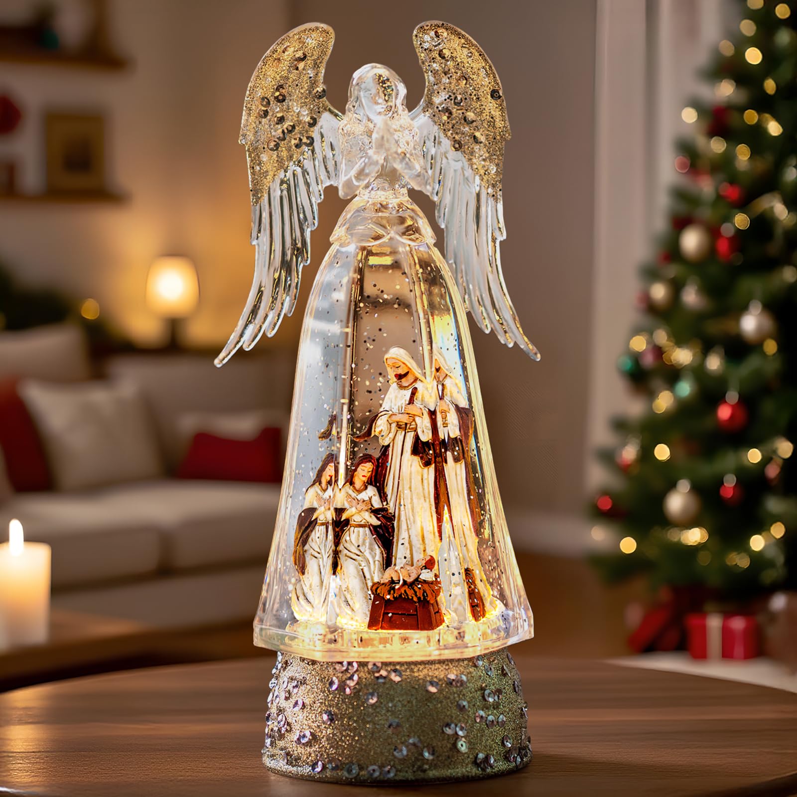 Christmas Snow Globe Swirling Glittering Nativity Scene with Music, USB Lined/Battery Operated Lighted Water Lantern for Christmas Festival Decoration Gifts