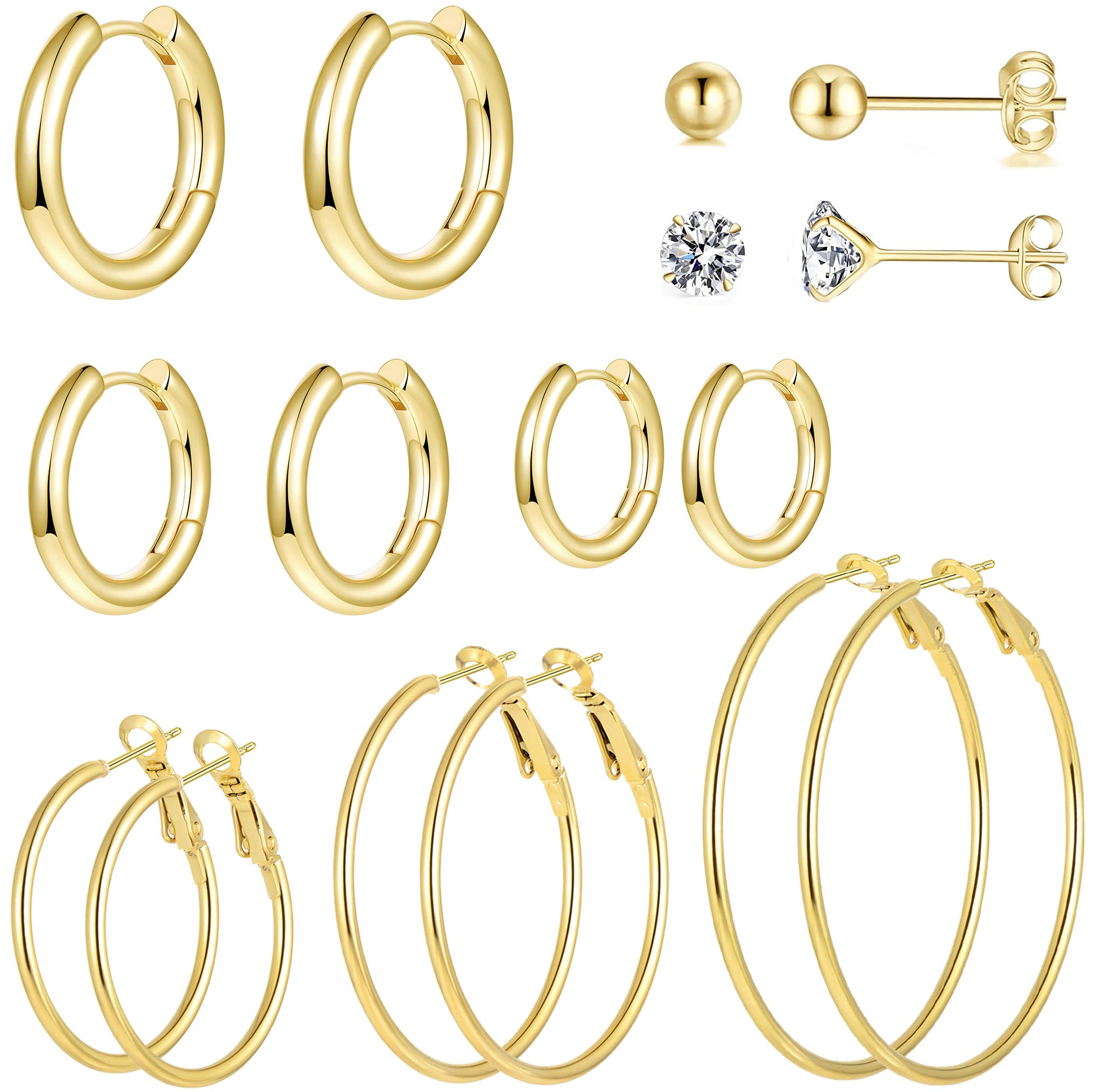 Stainless Steel Gold/Silver Plated Hoop Earrings for Women, Hypoallergenic 14k Gold Hoops Huggie Earrings Lightweight Cartilage Small CZ Ball Flatback Studs Earring Pack for Multiple Piercing