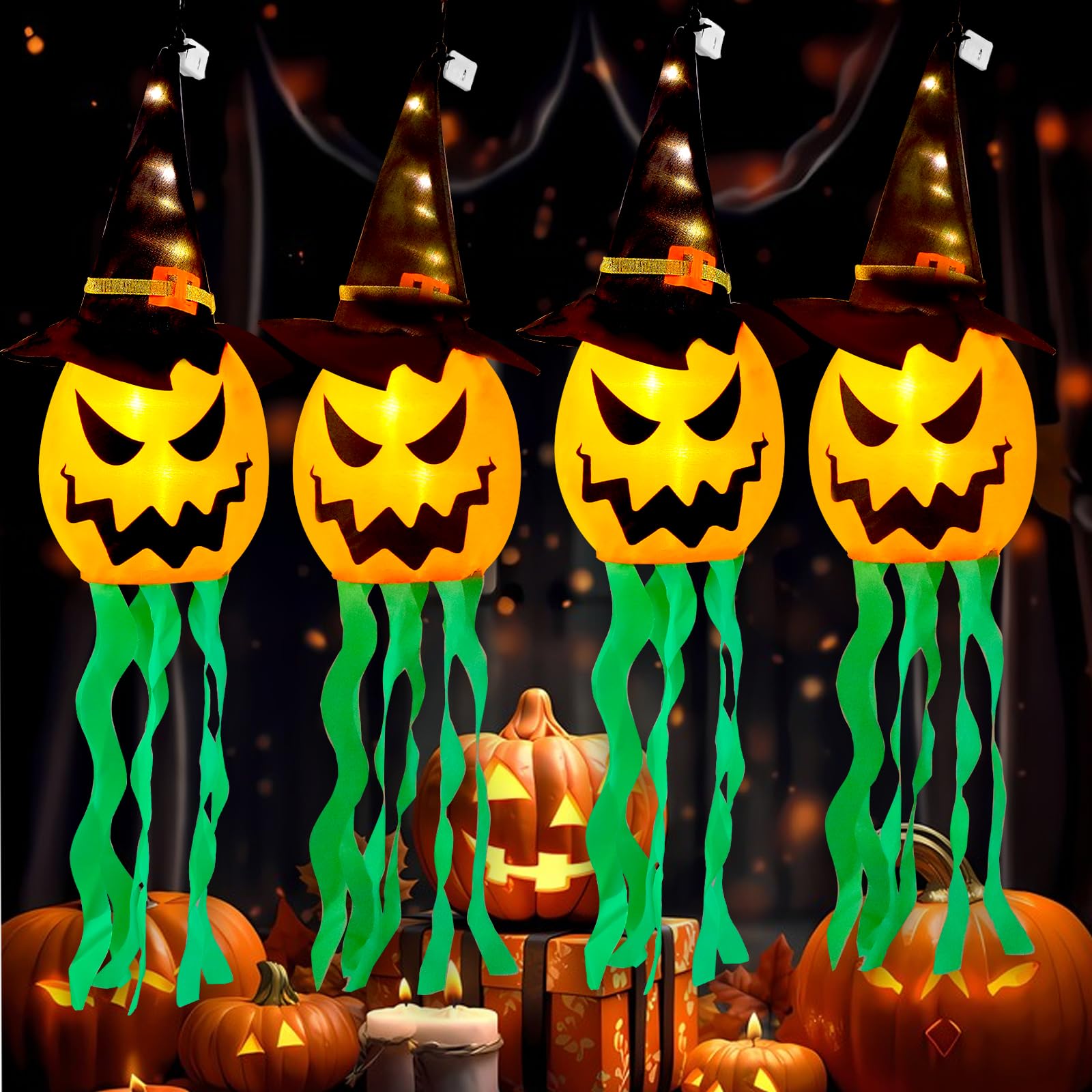 Halloween Decorations Outdoor Halloween Decor Hanging Outdoor String Lights Glowing Ghost Witch Hat Halloween Decorations Indoor Ornaments Halloween Lights for Home Tree Garden Yard (4Pcs)