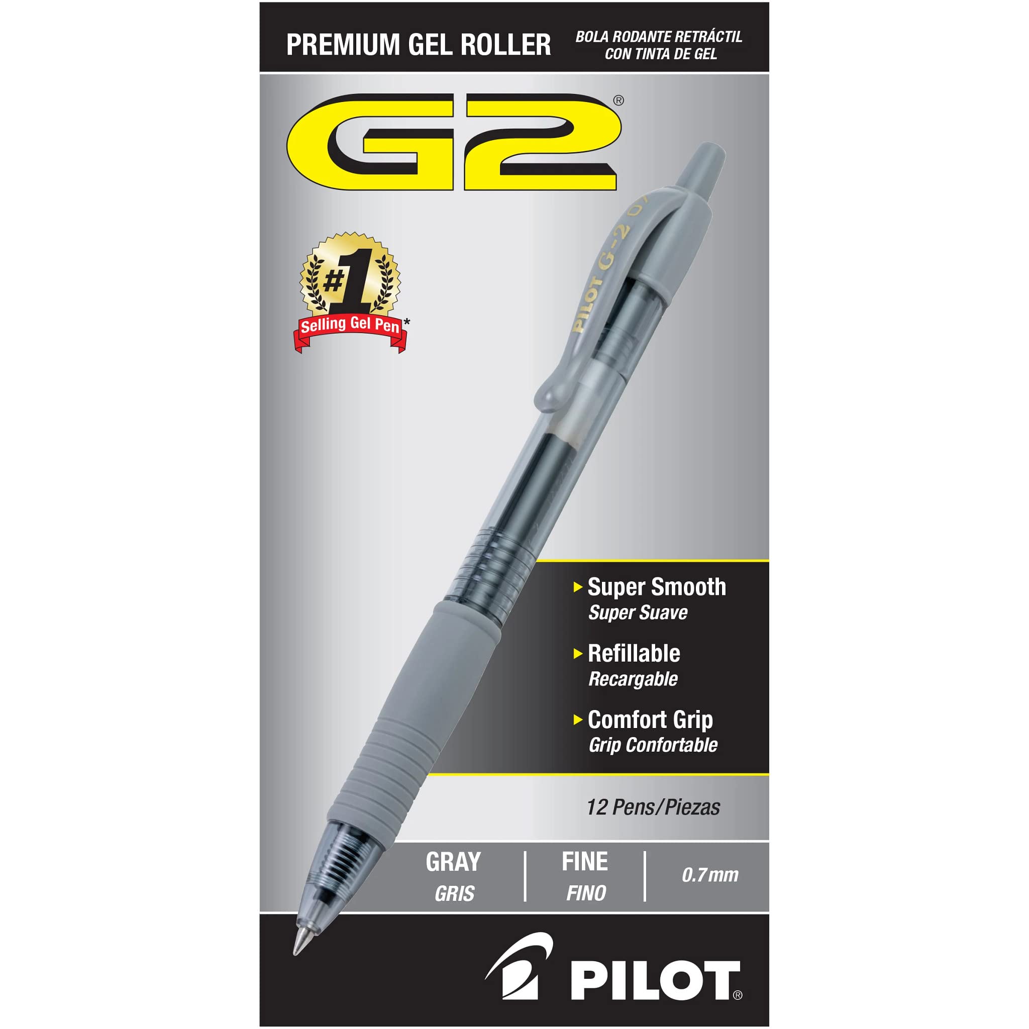 Pilot G2 Premium Gel Roller Pens 0.7, Fine Point Smooth Writing Pens Black, Pack of 12