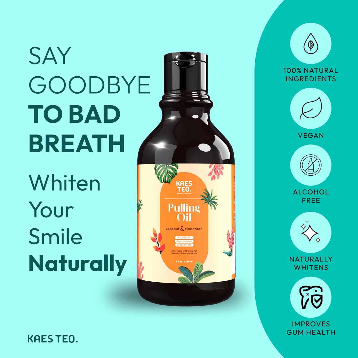 Coconut Oil Pulling with Cinnamon & Clove Bud Essential Oil for Healthy Teeth & Gums, Bad Breath Treatment, Teeth Whitening Mouthwash, Healthy Teeth & Gums, Alcohol Free, 100% Natural 8 Fl Oz
