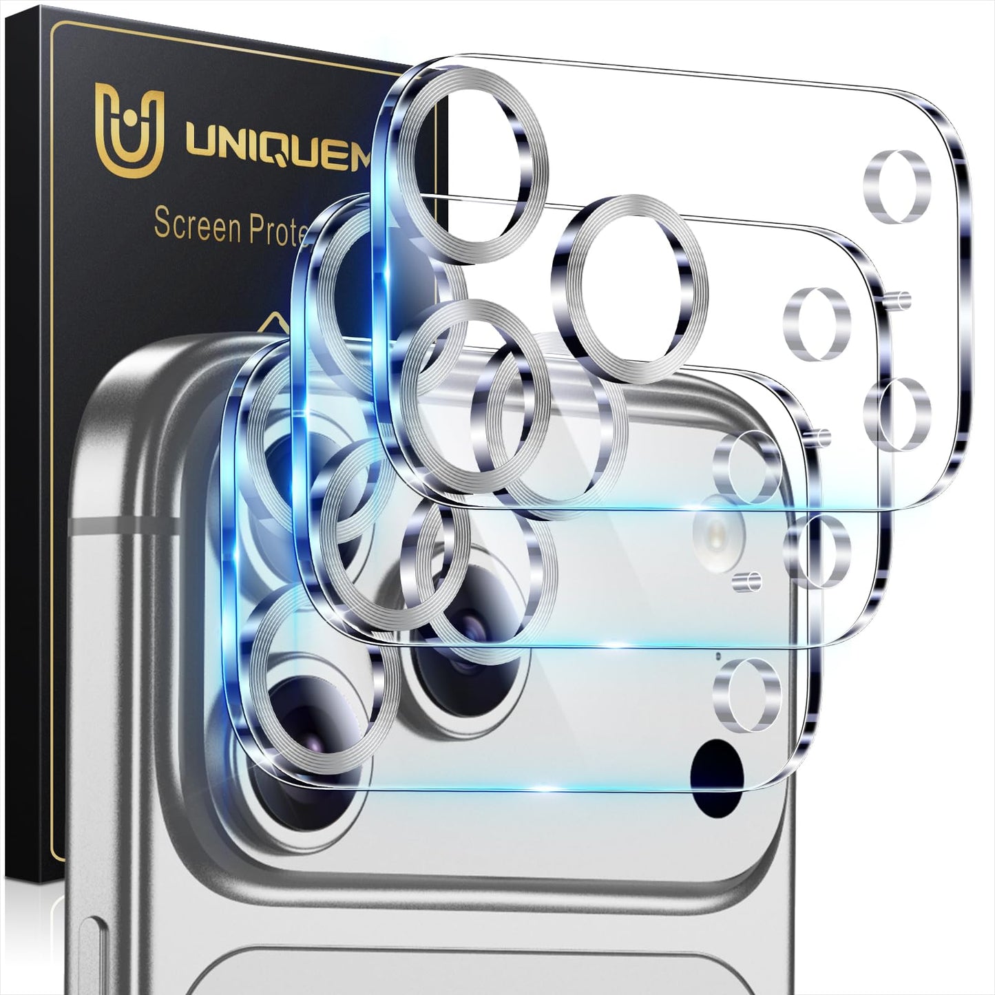 UniqueMe Compatible for 3 Pack iPhone 17 Pro Camera Lens Protector - [Drop Protection] 9H Tempered Glass Camera Cover Screen [Update New Version]【Not for 17 Pro Max】