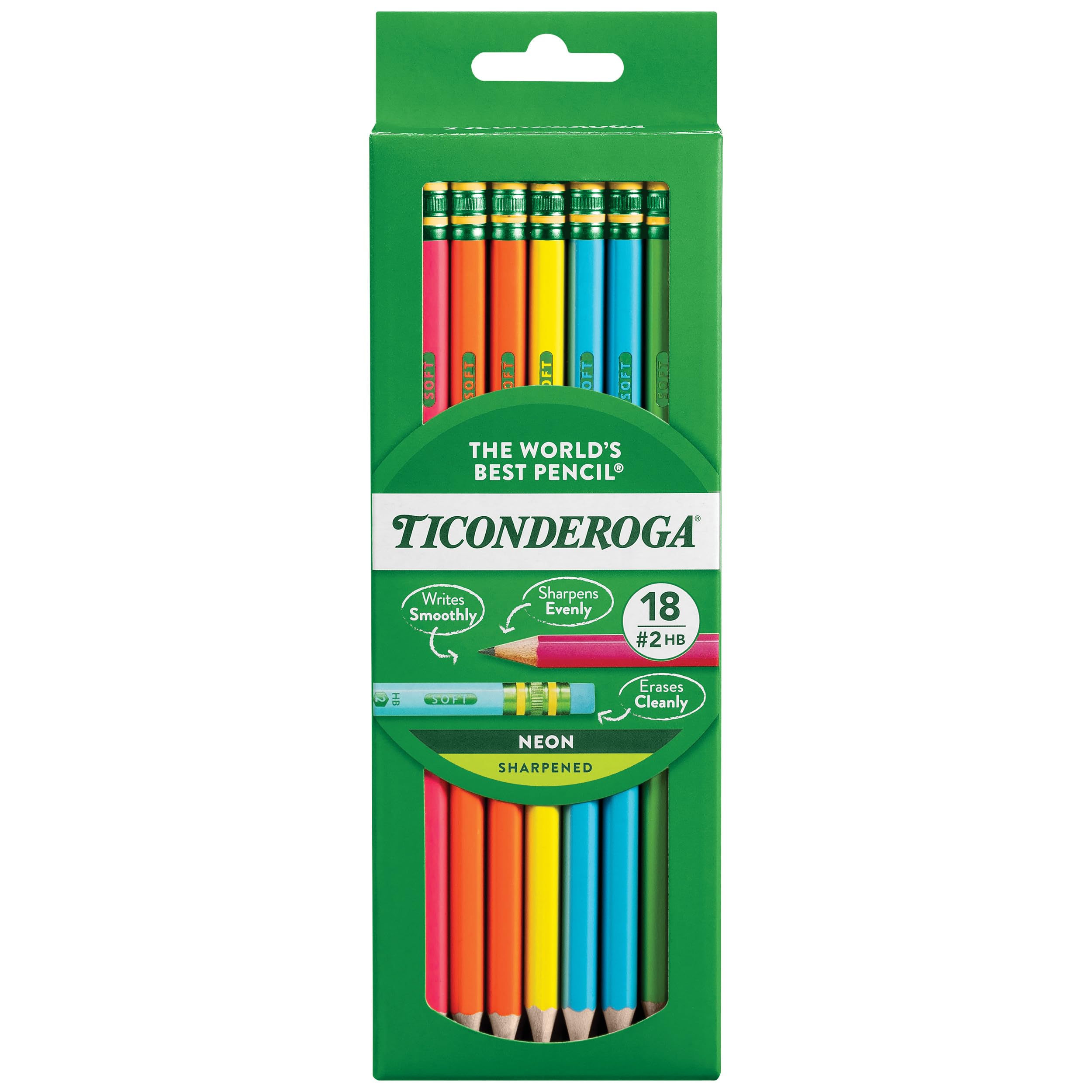 Ticonderoga Wood-Cased Pencils, Pre-Sharpened, 2 HB Soft, Pastel Colors, 18 Count