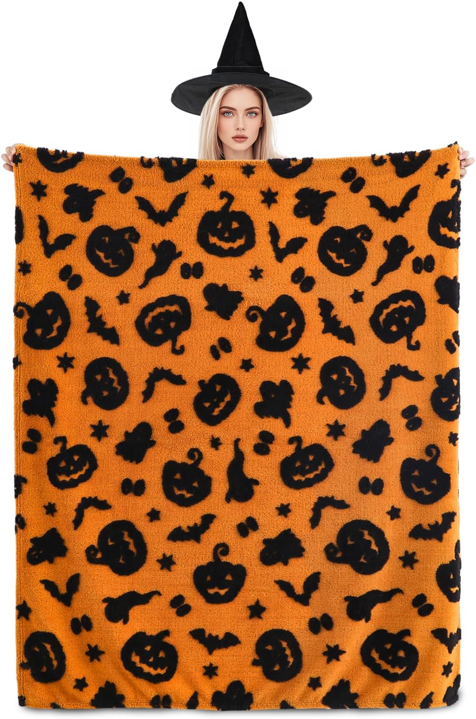 SOCHOW Halloween Jacquard Throw Blanket, Fuzzy Soft Cozy Warm Pumpkin Ghost Fall Decor Holiday Blanket for Couch, Sofa and Bed, 50 x 60 Inches, Orange/Black