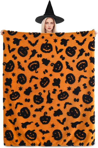 SOCHOW Halloween Jacquard Throw Blanket, Fuzzy Soft Cozy Warm Pumpkin Ghost Fall Decor Holiday Blanket for Couch, Sofa and Bed, 50 x 60 Inches, Orange/Black