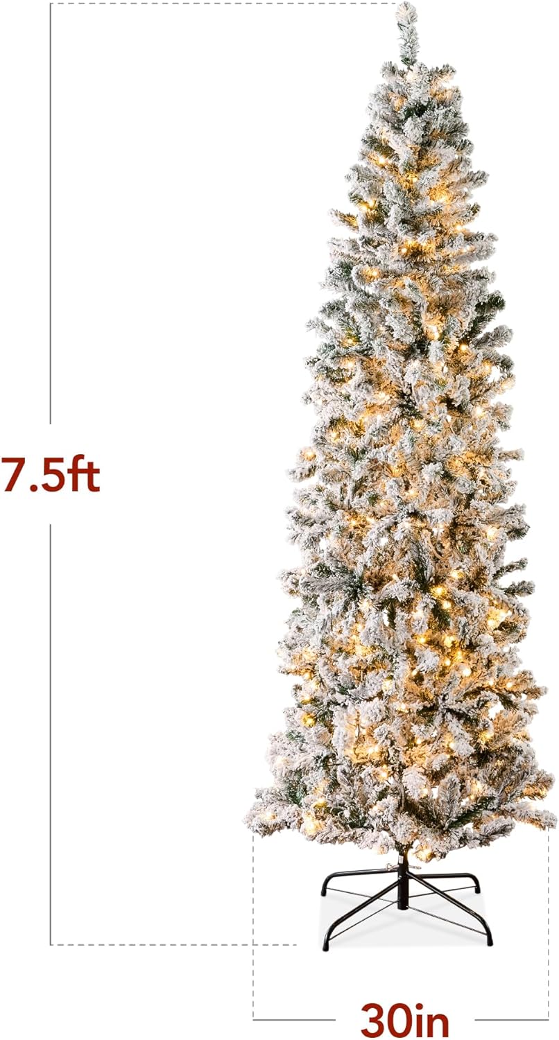 Best Choice Products Flocked Pencil Christmas Tree, Pre-Lit Slim Artificial Holiday Decoration, 7.5ft Lighted Skinny w/Base, Warm White Lights