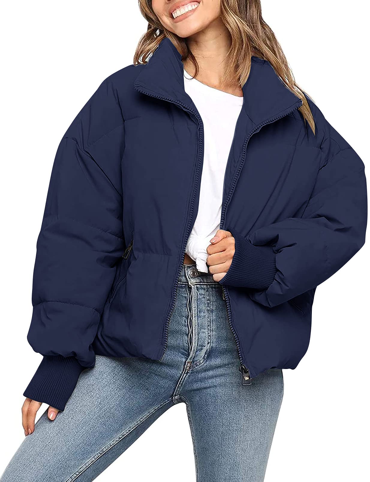 MEROKEETY Women's 2025 Winter Long Sleeve Zip Puffer Jacket Pockets Baggy Short Coats