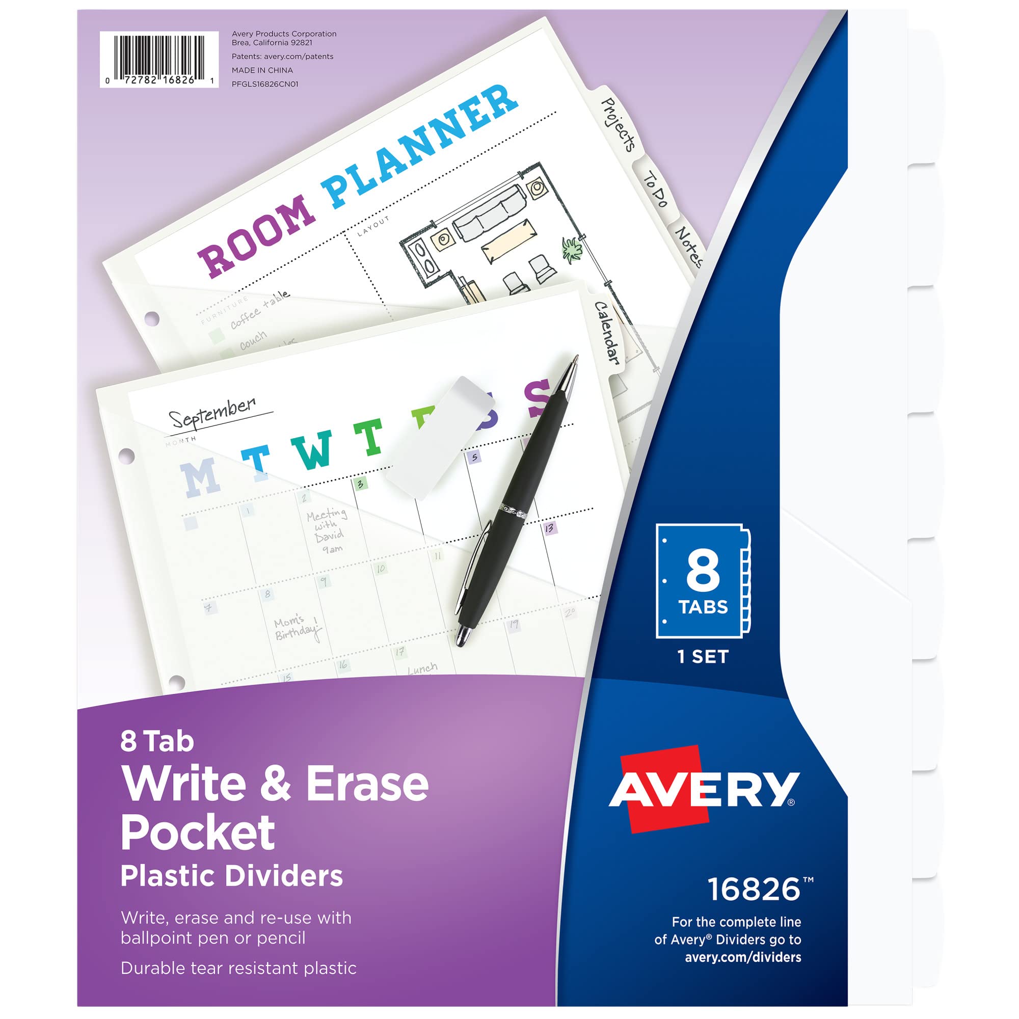 Avery Write & Erase Pocket Plastic Dividers for 3 Ring Binders, 8-Tab Sets, Multicolor, Tabs Viewable Beyond Sheet Protectors, 1 Set (16177)