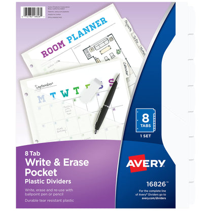 Avery Write & Erase Pocket Plastic Dividers for 3 Ring Binders, 8-Tab Sets, Multicolor, Tabs Viewable Beyond Sheet Protectors, 1 Set (16177)