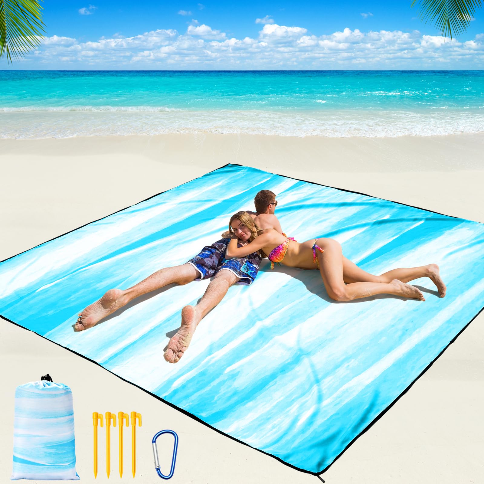 Beach Blanket Waterproof Sandproof Beach Mat 79" X 83" /10'x9'for 2-8 Adults Quick Drying Outdoor Picnic Mat Beach Accessories for Travel, Camping, Hiking