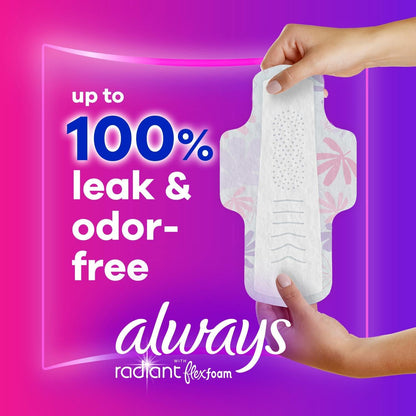 Always Radiant Feminine Pads For Women, Size 2 Heavy Flow Absorbency, Multipack, With Flexfoam, With Wings, Light Clean Scent, 26 Count x 3 Packs (78 Count total)