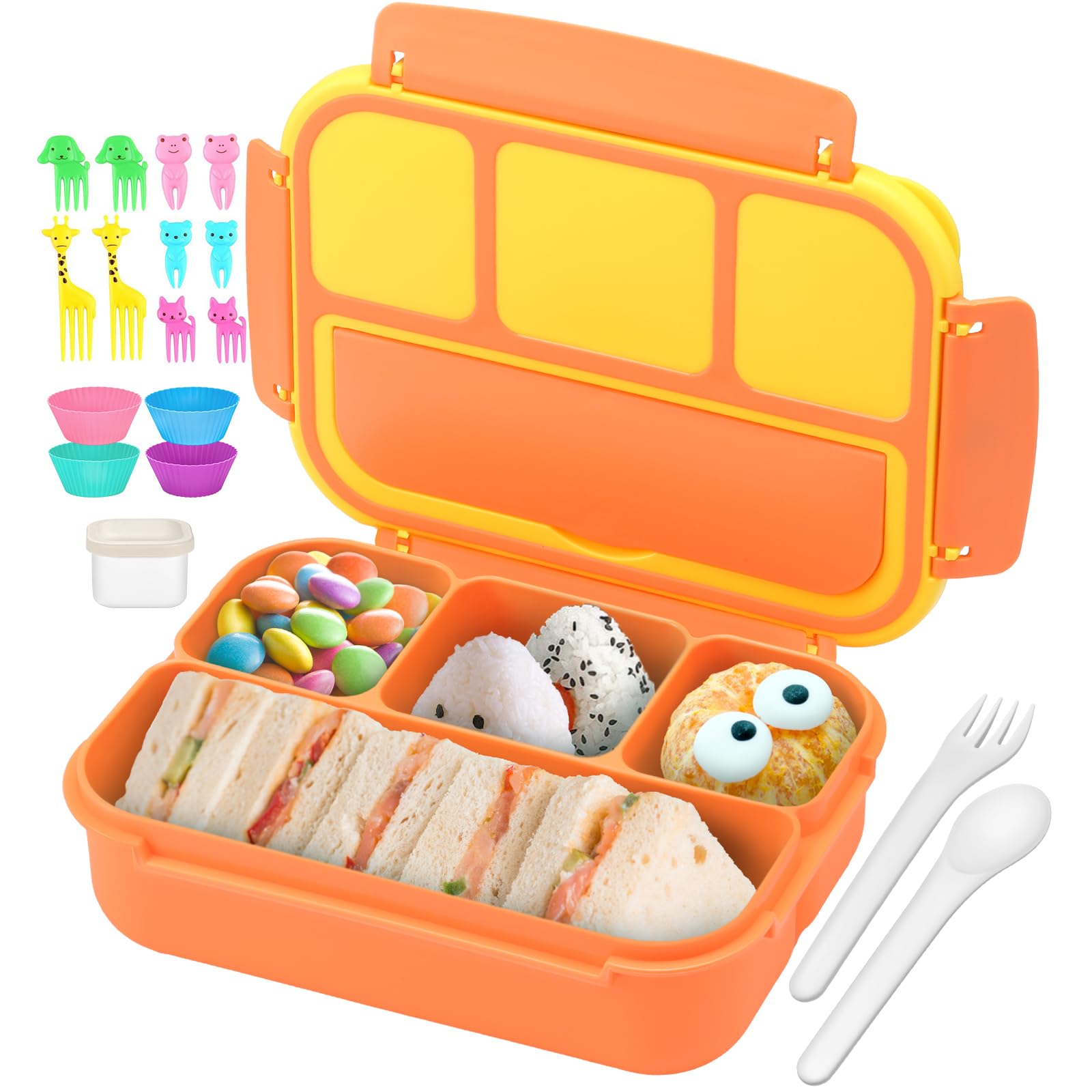 QQKO Bento Lunch Box for Kids Girls Boys, Toddler Kids Lunch Boxes for School, Lunch Containers for Adults with 4 Compartments, Sauce Container, Utensils, Food Picks and Muffin Cups, Purple