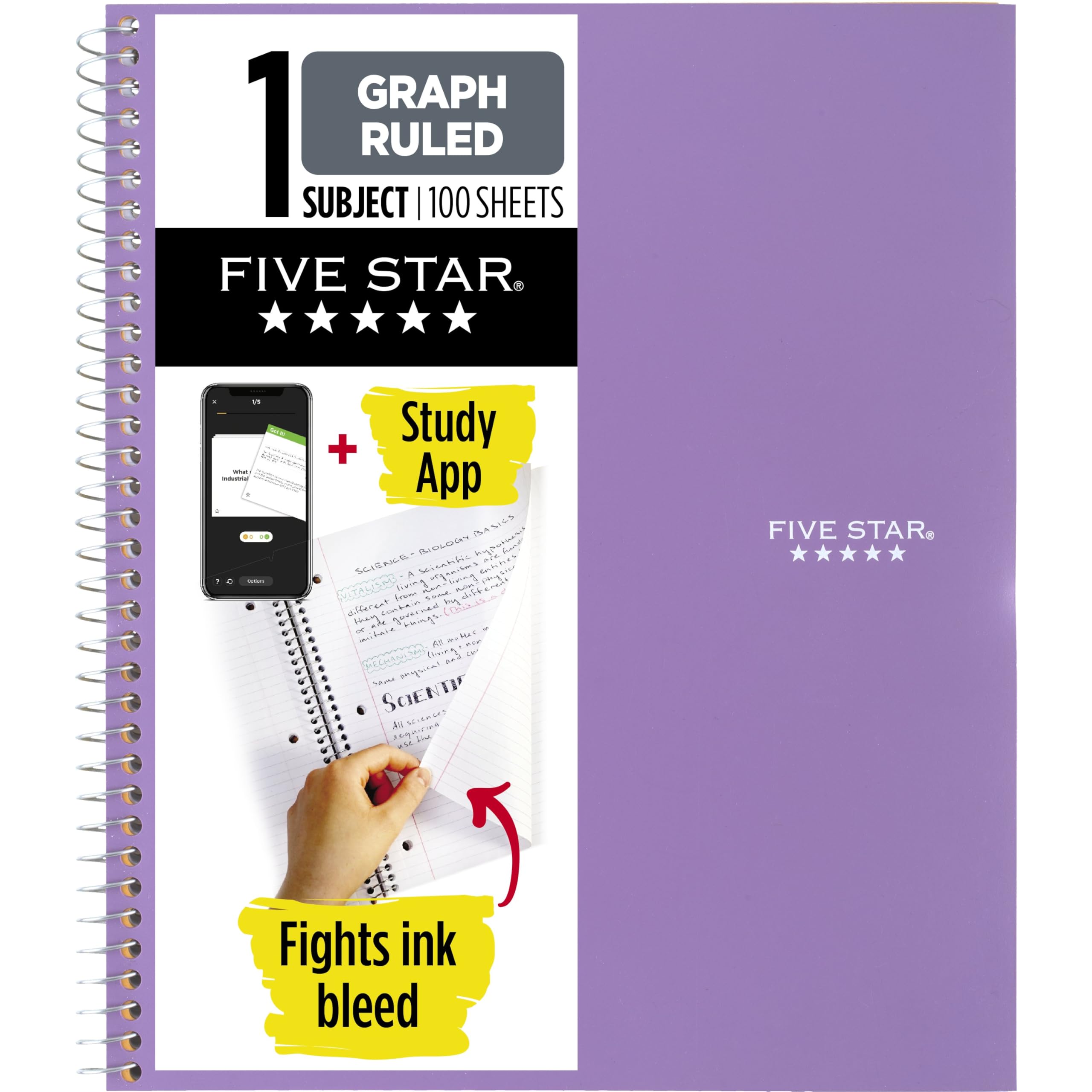 Five Star Spiral Notebook + Study App, 1 Subject, Graph Ruled Paper, 8-1/2" x 11", 100 Sheets, Fights Ink Bleed, Water Resistant Cover, Black (73679)
